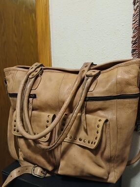 Never Mind! Tan Genuine Leather Studded Multi-Pocket Tote Bag